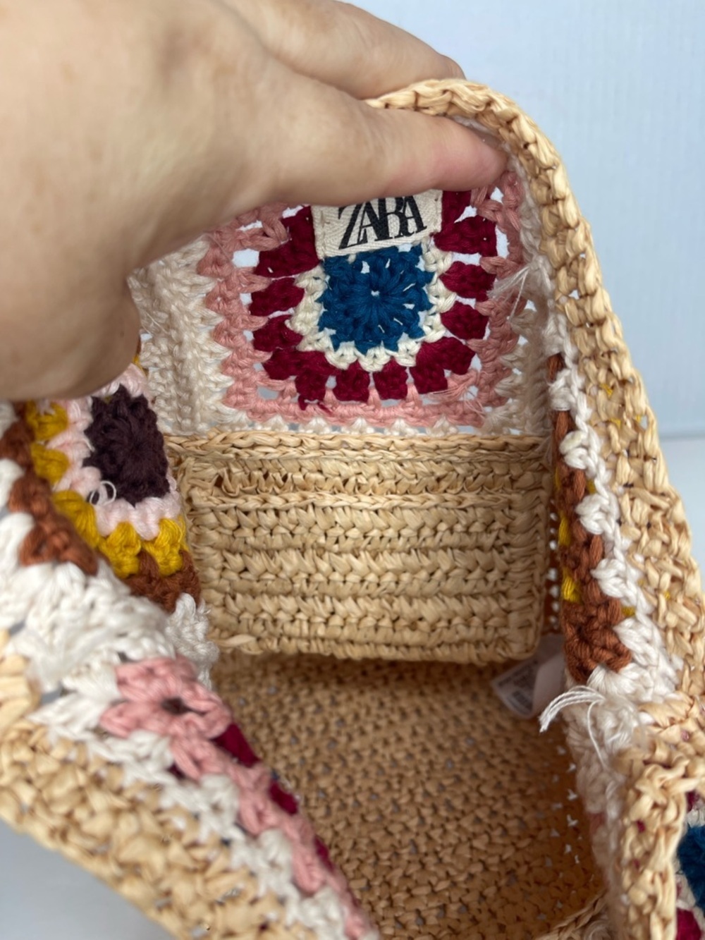 Zara Boho Crochet Straw WovenBag Granny Square Patchwork Festival Coastal Hippie - Picture 10 of 12